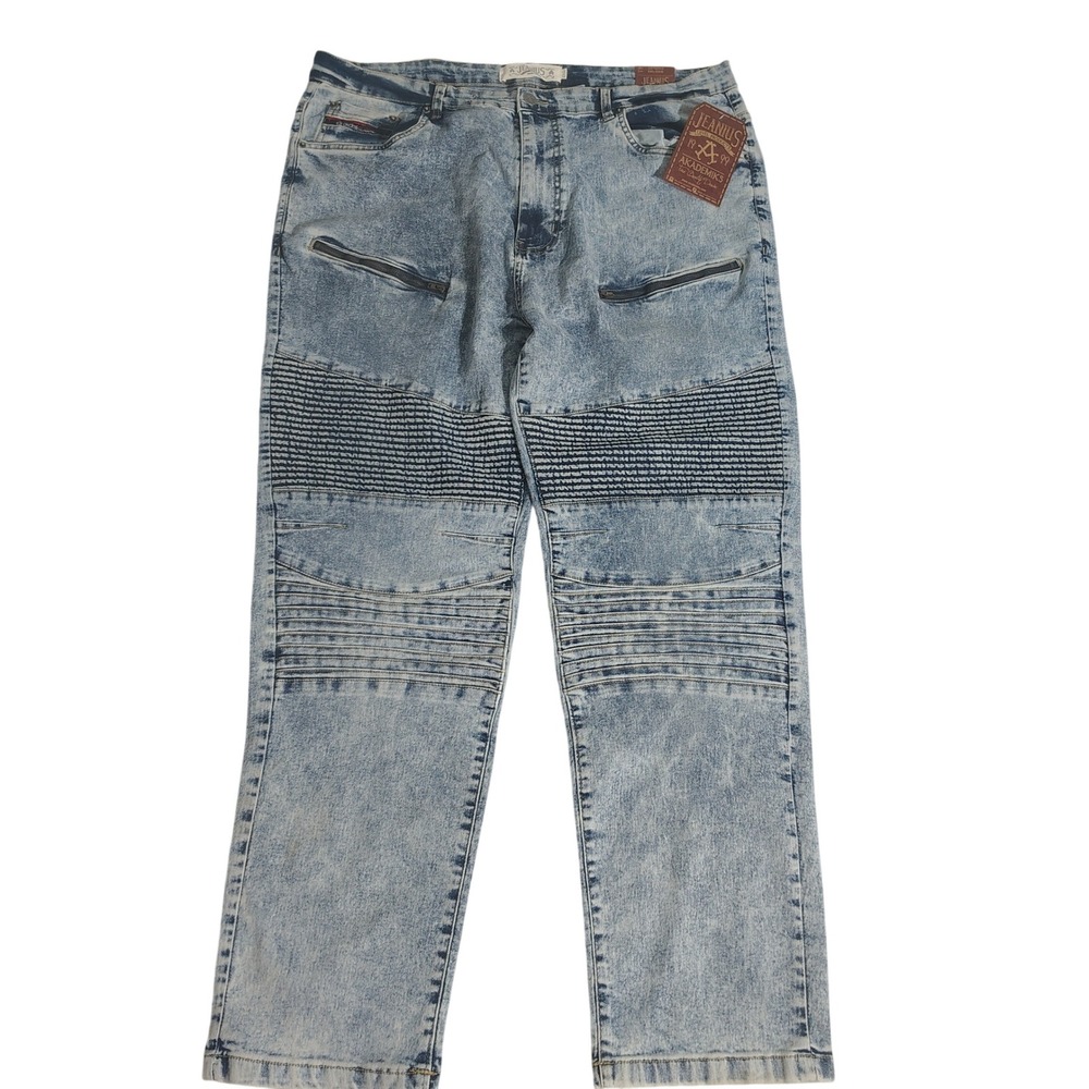 Akademiks Jeanius Bruiser Mens Moto Jeans Light Acid‎ Wash Blue Size 44x32